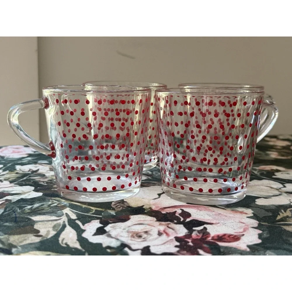 IKEA Red Polka Dot Glass Coffee Mugs 18314 Made in France Vintage Set of 4 NOS